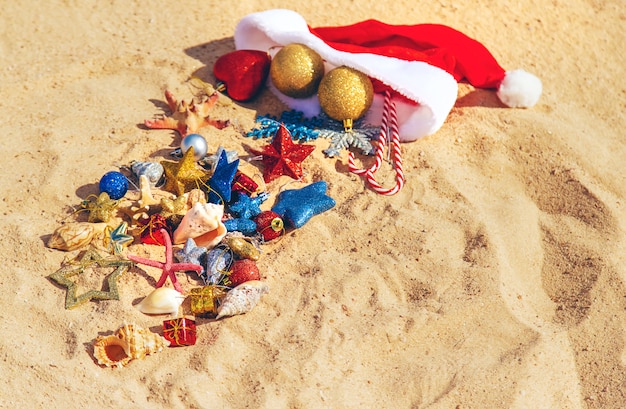 Bożenarodzeniowy tło na plaży z skorupami na piasku.