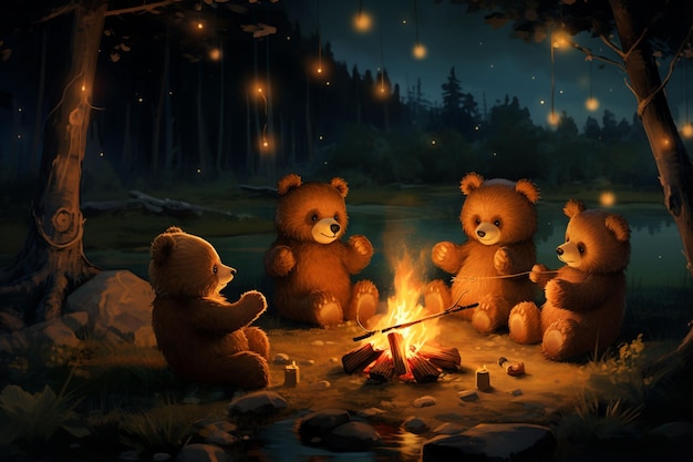 Bożonarodzeniowa grupa pluszowych niedźwiedzi siedzących wokół obozu