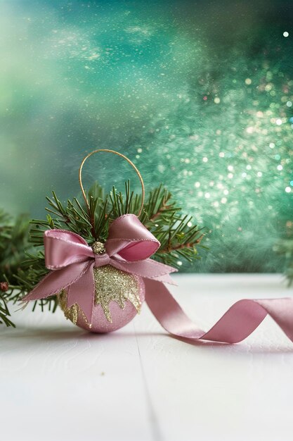 Bożonarodzeniowa piłka z różowym łukiem i zwiniętą wstążką z gałęziami świerka za rozmytym zielono-niebieskim tłem z gwiazdami