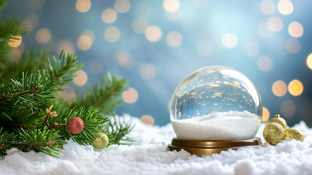 Bożonarodzeniowa pusta szklana kula śnieżna stoi w śnieżno-zielonych gałęziach drzew wzdłuż granic Generative Ai