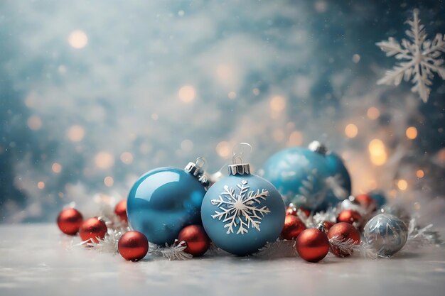 Bożonarodzeniowe kulki i płatki śniegu na abstrakcyjnym tle