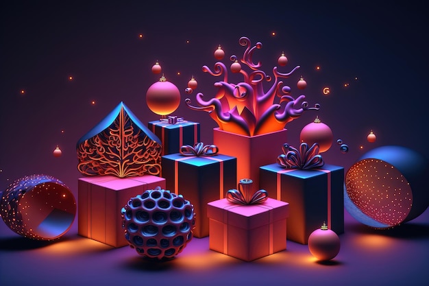 Bożonarodzeniowe pudełka na prezenty światło neonowe i kolor Abstrakcyjne ozdoby choinkowe kulki girlandy jasne kolory wystrój renderowania 3d
