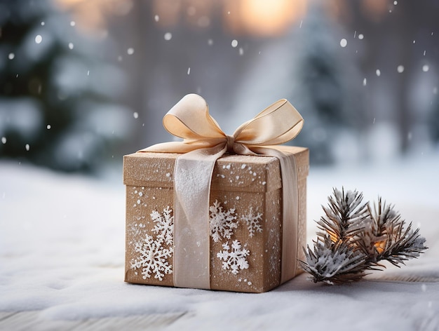 Bożonarodzeniowe pudełko podarunkowe xmas tło rozmyć zimowy krajobraz ze śniegiem Świętowa koncepcja kopiowania przestrzeni