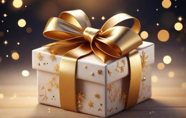 Bożonarodzeniowe pudełko z złotym łukiem i dekoracją na tle bokeh