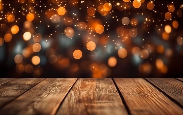 Bożonarodzeniowe tło bokeh drewniane tło z bokeh brokatowymi gwiazdami rustykalne drewno i tło do prezentacji produktu AI Generative