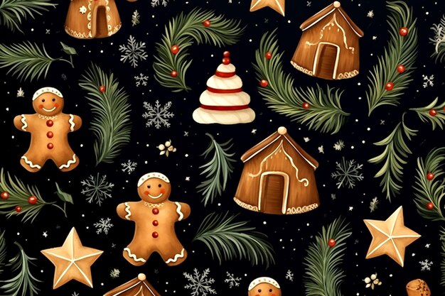 Bożonarodzeniowe tło z gałęziami sosny i ciasteczkami Bożonarodzeniowy wzór na czarnym tle