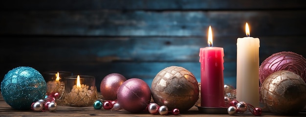Bożonarodzeniowy baner z błyszczącymi czerwonymi świecami i czerwonymi kulkami na drewnianym, teksturowanym, wiejskim stole