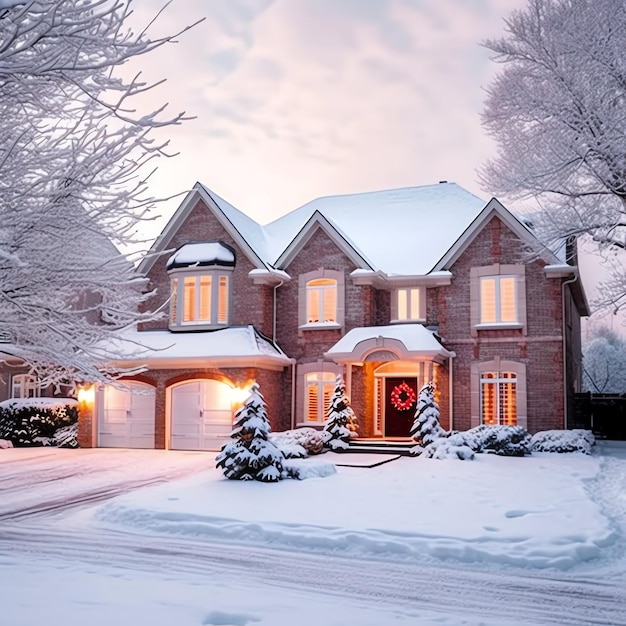 Zdjęcie bożonarodzeniowy dom z dekoracjami, śniegiem i choinką na zimowe wakacje.