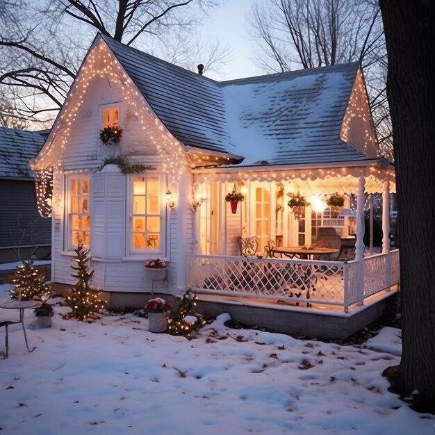 Bożonarodzeniowy dom z dekoracjami, śniegiem i choinką na zimowe wakacje.