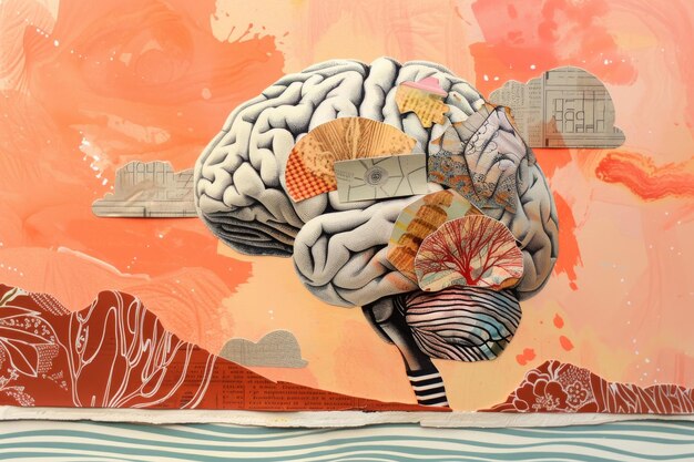 Brain collage art i twórcze dzieła sztuki wykonane z papieru neurodivergencyjna neuronauka i ADHD lub autyzm