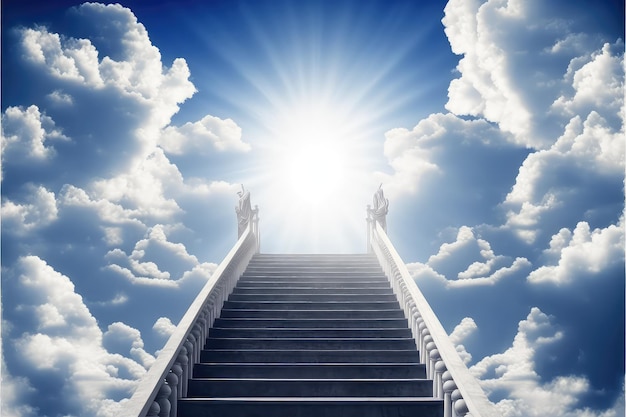 Brama do nieba ze schodami i jasnymi chmurami generatywnymi ai