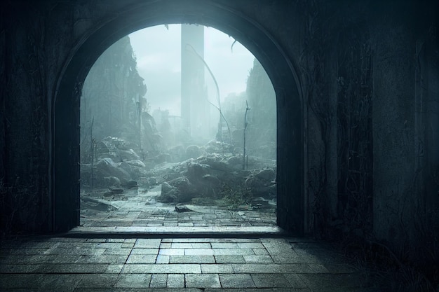 Brama do opuszczonej ziemi ruiny miasta fantasy surrealistyczna ilustracja 3d
