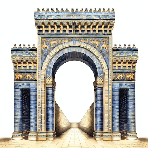 Brama Isztar – wspaniałe wejście do Babilonu ze skomplikowaną ilustracją niebieskich glazurowanych płytek