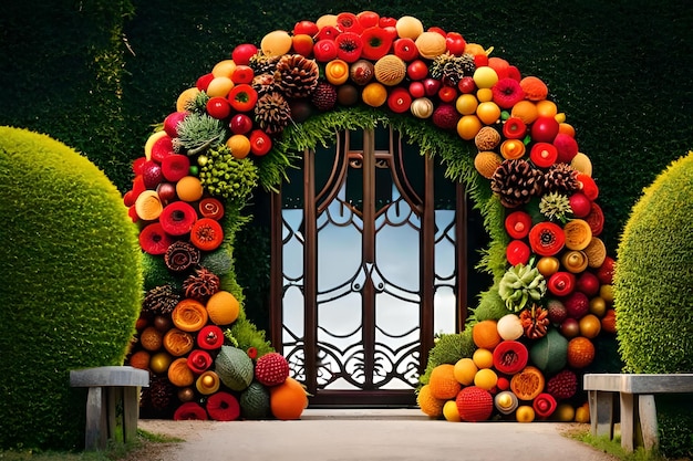 Zdjęcie brama ogrodowa z dużym łukiem z napisem ananasy.
