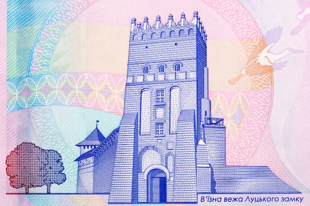 Brama średniowiecznego zamku Ljubart w Łucku z ukraińskich pieniędzy