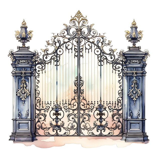 Brama z kutego żelaza z ozdobą z kutego żelaza Akwarela Brama Sztuka piękna na białym tle