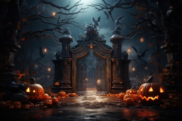 Brama z tematem Halloween w tle przerażająca brama cmentarza Generatywna sztuczna inteligencja