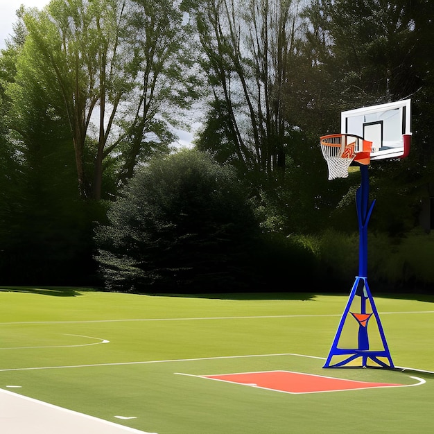 Zdjęcie bramka do koszykówki z niebieskim słupkiem i napisem „koszykówka”.