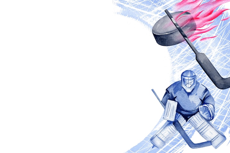 Zdjęcie bramkarz w hokeju z kijami puck latający w czerwonym ogniu płomień puck abstrakcyjny teksturowany niebieski splash ręcznie narysowany ilustracja ramka akwarelowy szablon zimowego sportu na lodzie