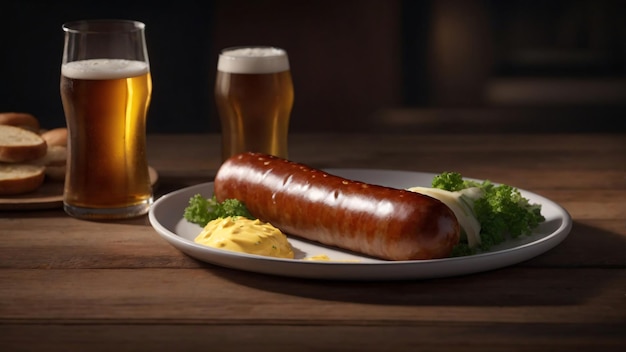 Bratwurst kiełbaska na talerzu z szklanką zimnego piwa Oktoberfest