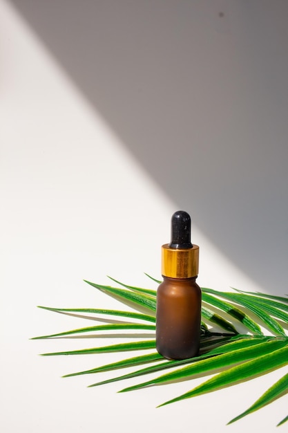 Brązowa butelka do pielęgnacji skóry z liściem palmowym. Organiczny naturalny produkt kosmetyczny.