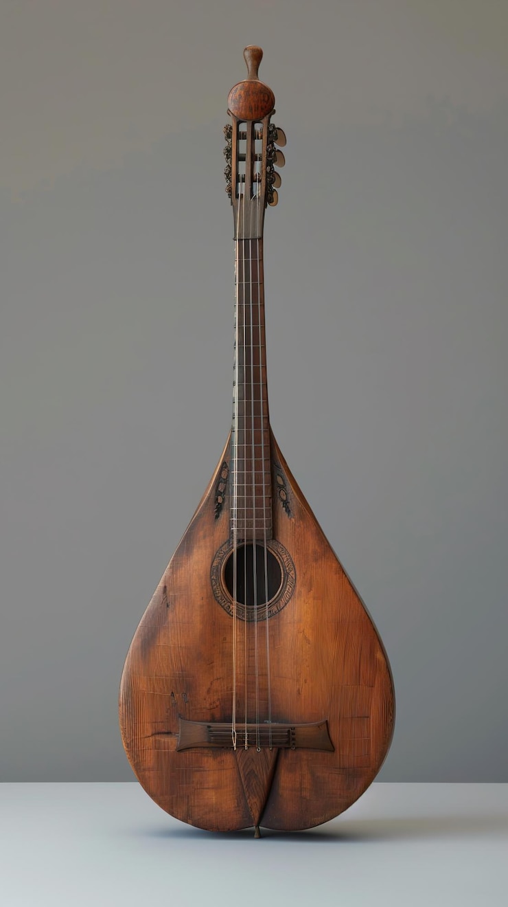 Zdjęcie brązowa gitara jest na stojaku z szarym tłem
