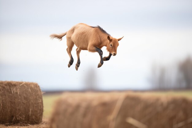 Brązowa koza skacząca z jednej bały siana do drugiej