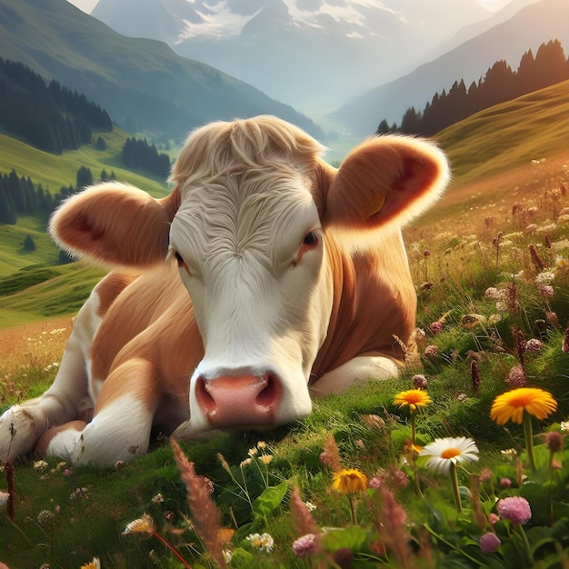 Brązowa krowa spokojnie odpoczywa na bujnej alpejskiej łące w słoneczny dzień