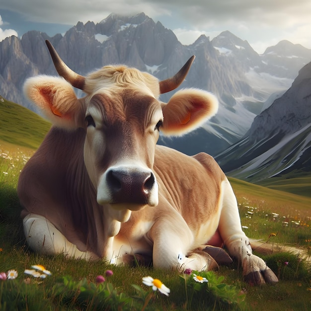 Brązowa krowa spokojnie odpoczywa na bujnej alpejskiej łące w słoneczny dzień