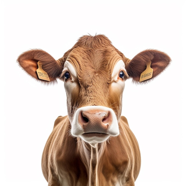 Brązowa krowa z metką na uchu patrzy w kamerę.