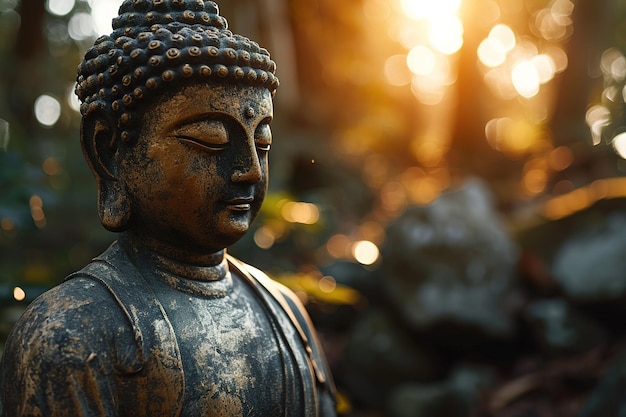 Zdjęcie brązowa posąg buddy na naturze niewyraźne bokeh tło