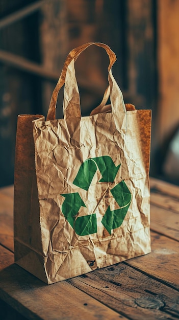 Zdjęcie brązowa torba papierowa z zielonym logo recyklingu
