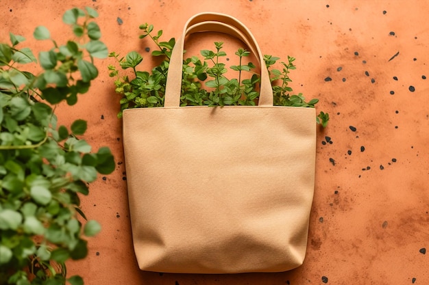 Brązowa torba typu shopper z wyrastającą z niej zieloną rośliną.