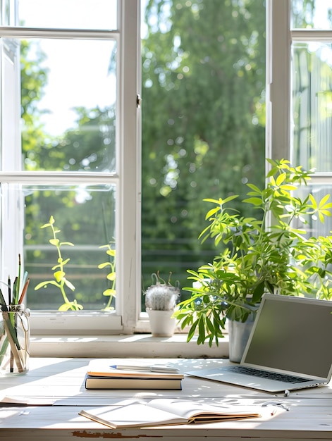 Brązowe biurko z laptopem i roślinami w zrównoważonej przestrzeni roboczej