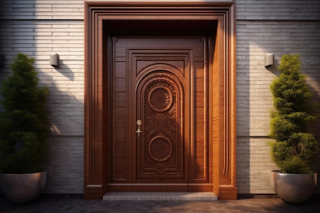 Brązowe drewniane drzwi wejściowe Podwójne drzwi wejściowe z zabezpieczonym wejściem od frontu Generacyjna sztuczna inteligencja
