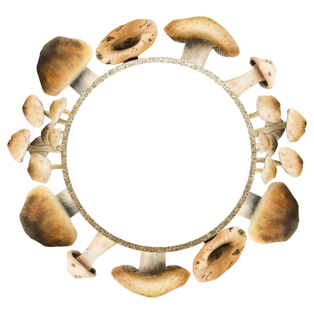 Brązowe grzyby jadalne okrągły szablon ramki ze złotą obwódką akwarela ilustracja