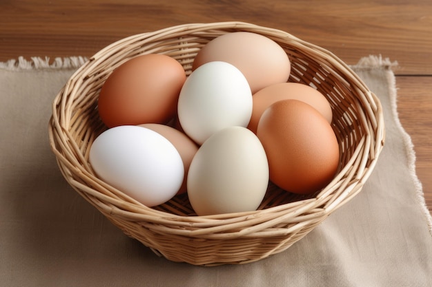 Brązowe jajka siedzą w koszyku.