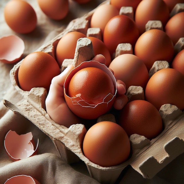 Brązowe jajo kurze jest w połowie rozbite wśród innych jaj