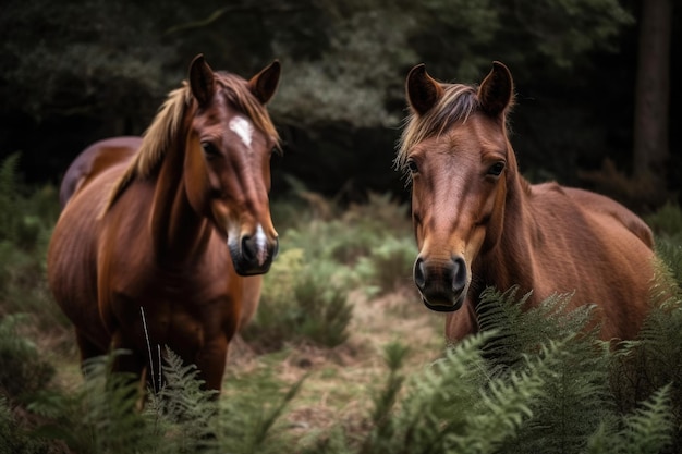 Brązowe konie jedzące trawę w parku narodowym Dorset New Forest