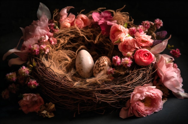 Brązowe okrągłe gniazdo pokryte różowymi kwiatami