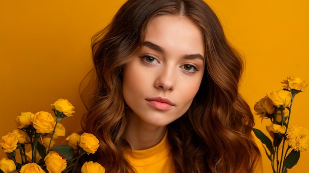 Brązowe włosy atrakcyjna kobieta z żółtymi kwiatami stoją przeciw żółtej ścianie