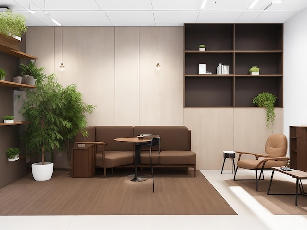 Brązowe wnętrze biura z obszarem dla kolegów i odpoczynku Generative Ai