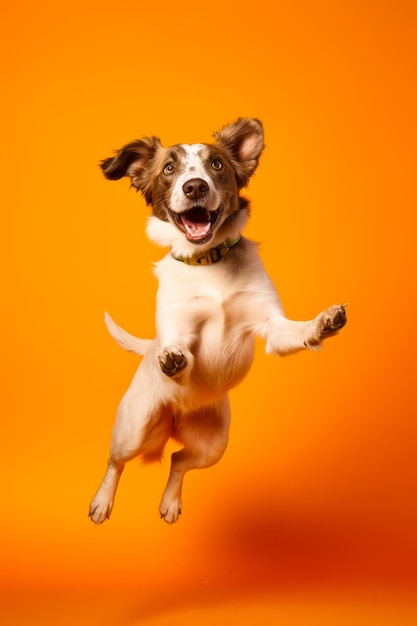 Brązowo-biały pies skaczący w powietrzu z przednimi łapami w powietrzu Generacyjna sztuczna inteligencja