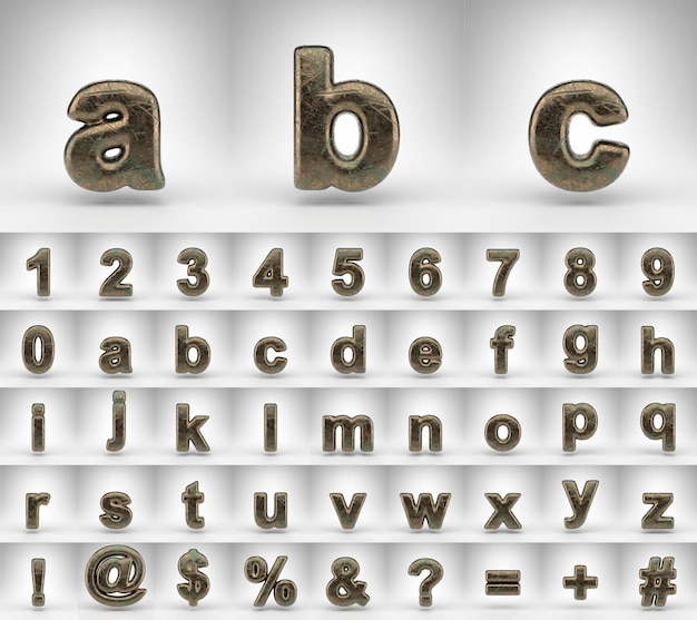 Zdjęcie brązowy alfabet z małymi literami na białym tle. 3d renderowane litery, cyfry i symbole czcionek z oksydowaną, porysowaną teksturą.