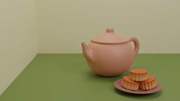 Zdjęcie brązowy chiński ceramiczny dzbanek na herbatę z ciastkiem księżycowymdwukolorowe tłokoncepcja połowy jesieniilustracja renderowania 3d