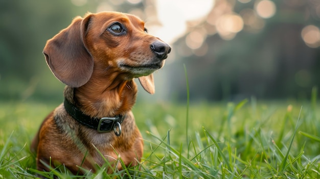 Brązowy dachshund z czarnym kołnierzem siedzący na trawie w parku podczas złotej godziny