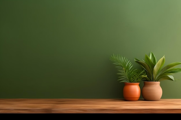 Brązowy drewniany stół z roślinami doniczkowymi i zielonym tłem ściany Zdjęcie wysokiej jakości