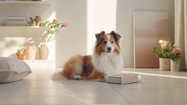Brązowy i biały pies spoczywa obok książki na podłodze w białym słonecznym wnętrzu