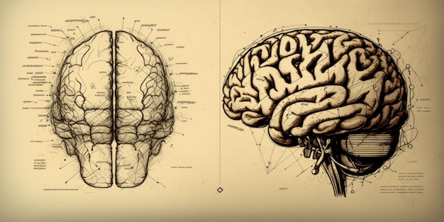 Brązowy kolorowy schemat ludzkiego mózgu w stylu szkicu retro Piękny kolorowy wektor ilustracji Generative AI