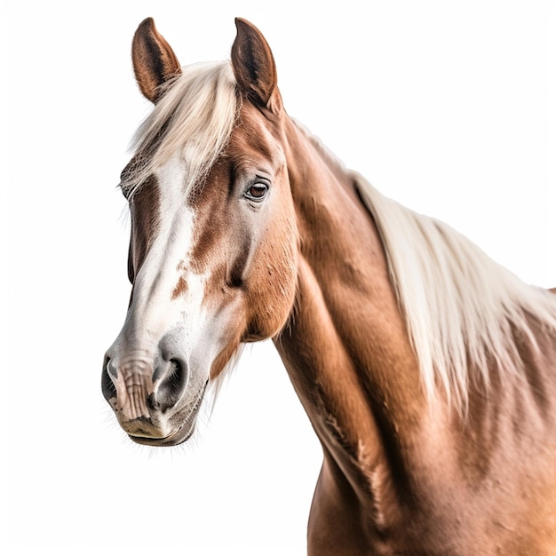 Brązowy koń z białą grzywą i białą plamą na nosie.